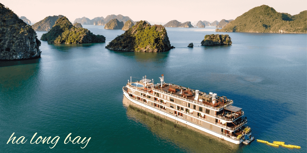 Luxury cruise sailing in perfect weather in Ha Long Bay Vietnam